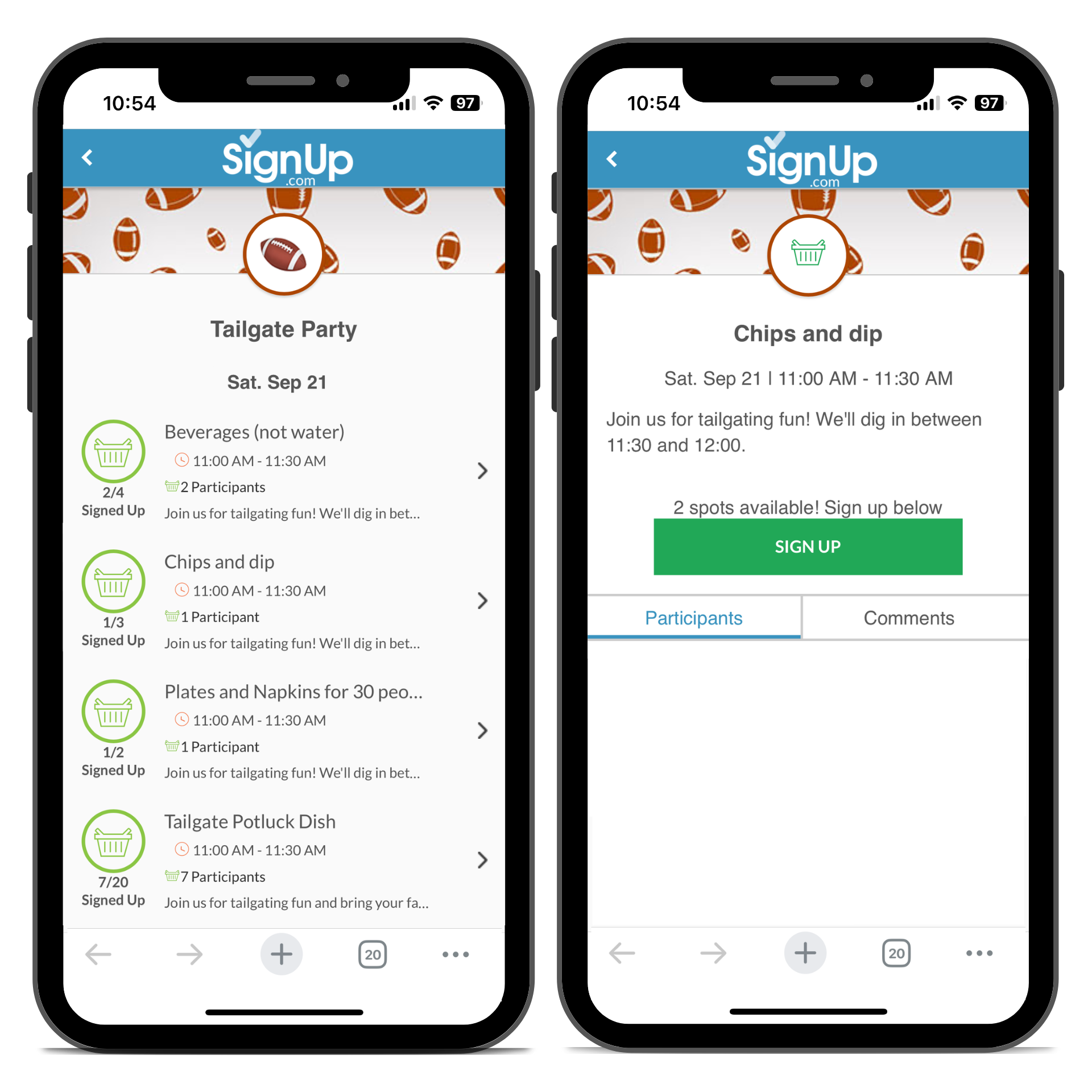 Tailgate Party SignUp on mobile phones