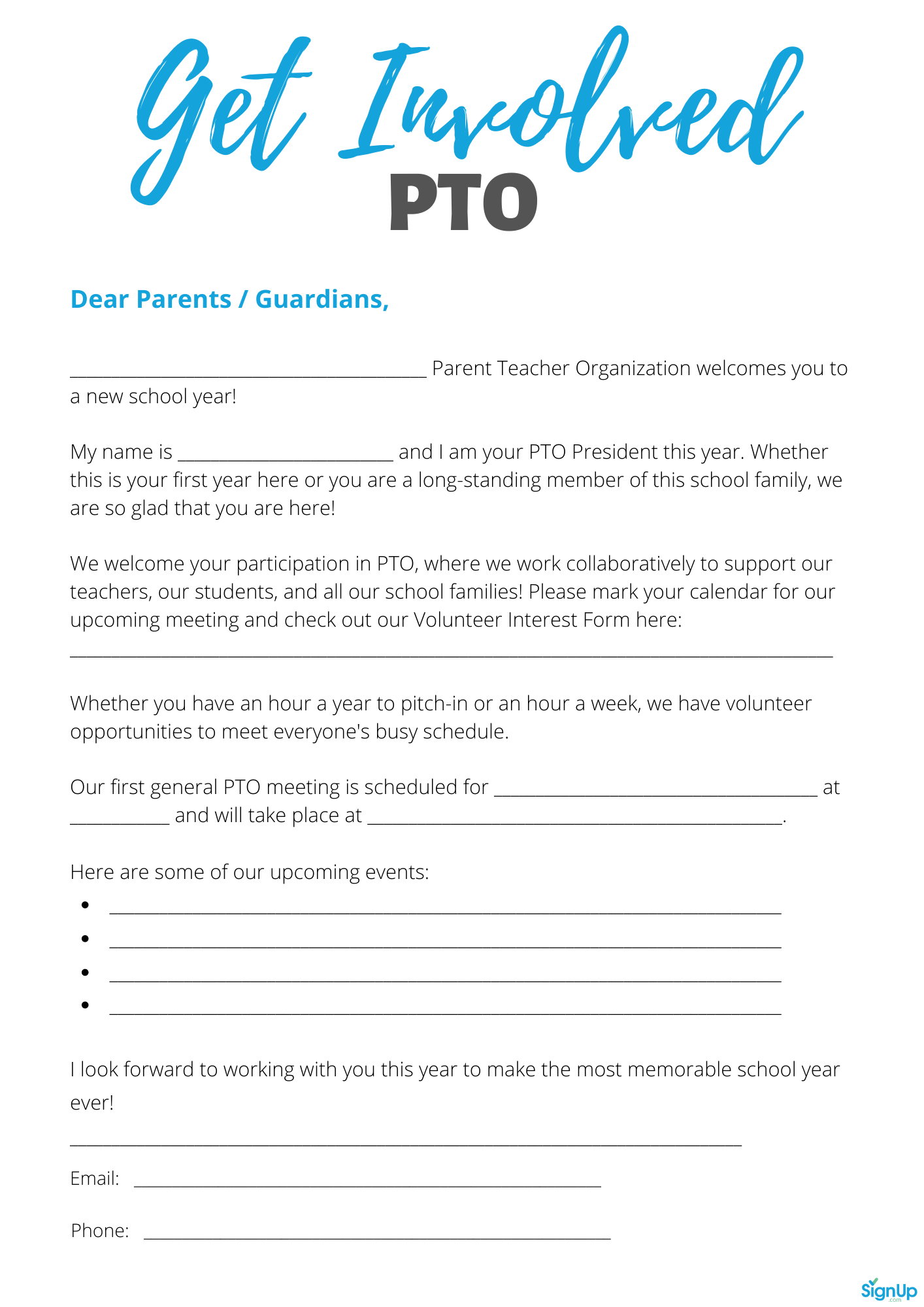 Back To School Welcome Letters To Parents For Room Parents PTA Leaders