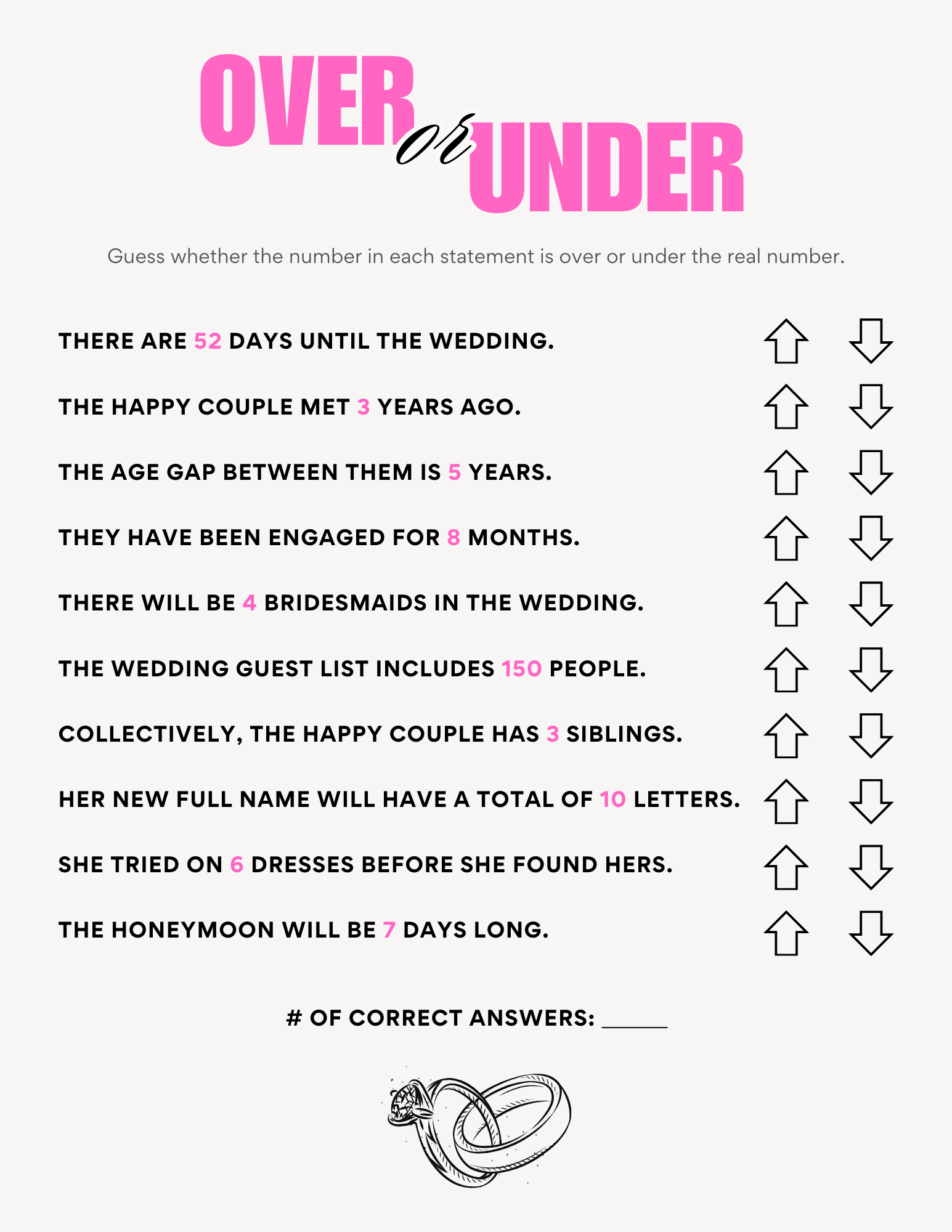 over or under bridal shower game